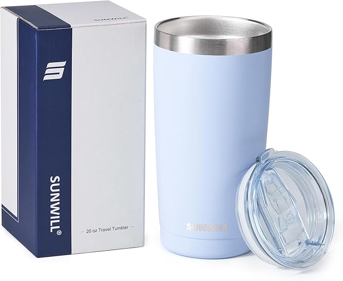 SUNWILL Travel Coffee Tumbler 20 oz, Insulated Mug with Lid, Stainless Steel Cup for Hot and Cold Drinks, Powder Coated Iceberg