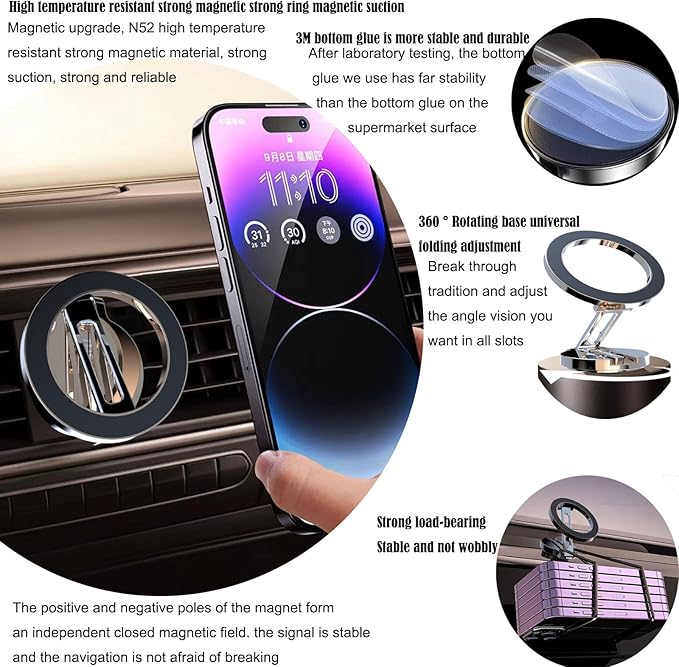 Ultra Magnetic Car Phone Holder,Car Mount,Ultra Magnetic 360 Degree Rotation Dashboard Car Phone Holder,Alloy Invisible Folding Magnetic Car Phone,Fit for All Phone(Grey)