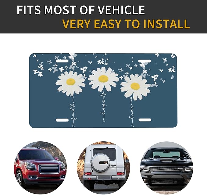 Front License Plate Faith Hope Love Vanity Plates Aluminum Metal Decorative Car Tag Daisy Novelty License Plate Cover for Men Women 6 * 12 in (4 Holes)