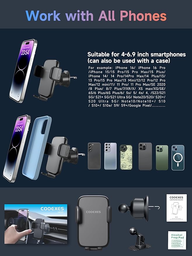 Car Phone Mount for Air Vent & Dashboard, Universal Clip Holder with 360° Rotation, One-Button Release Car Phone Holder Compatible iPhone Samsung Google Smartphones, Truck Car Accessories