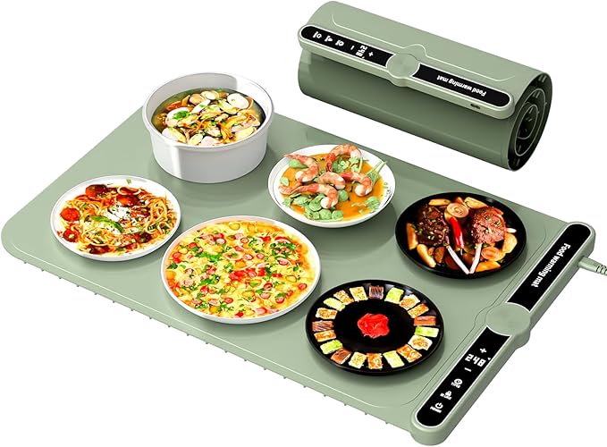 Smart Warming Mat for Food, Upgrade Waterproof Foldable Heating Mat, Food Warming Mat with 9 Level Adjustable Temperature and 6-Speed Timing, Easy to Clean Food Warmers for Buffet,Party,Thawin (Green)