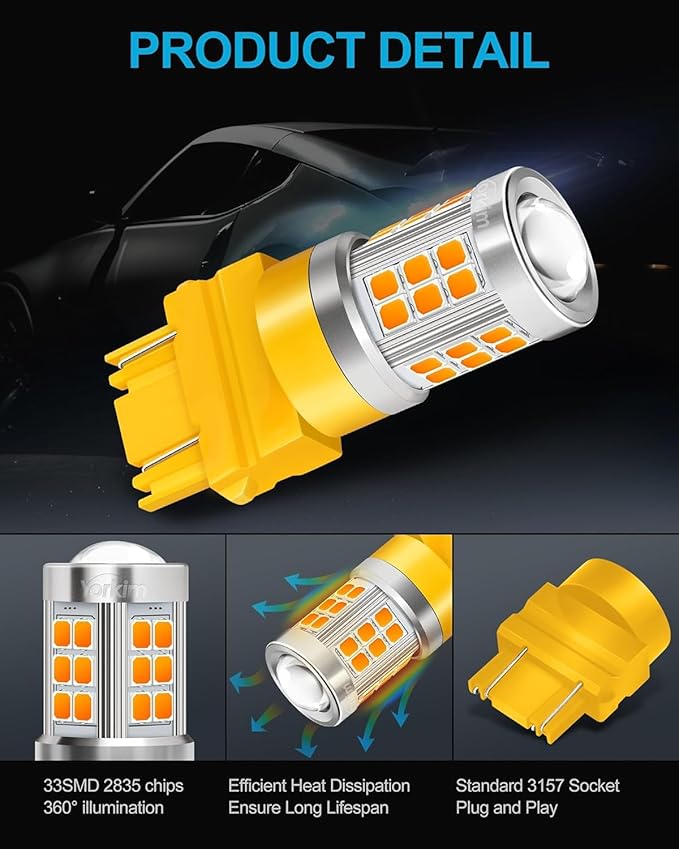Yorkim 3157 LED Bulb Amber led turn signal bulb, 3157a 3156 led amber lights 3056 3057 4157 bulb led 3157 Replacement for Turn Signal Side Marker Lights, Amber Yellow, pack of 4