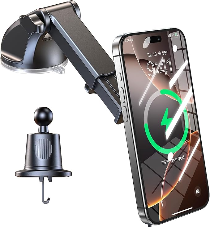New 2025 Vacuum Magnetic Phone Suction Holder, 15W Wireless Charger for MagSafe Car Mount & Dashboard Windshield Vent Holder, All-Weather Suction for Uber, iPhone 16/15/14 Pro Max Plus