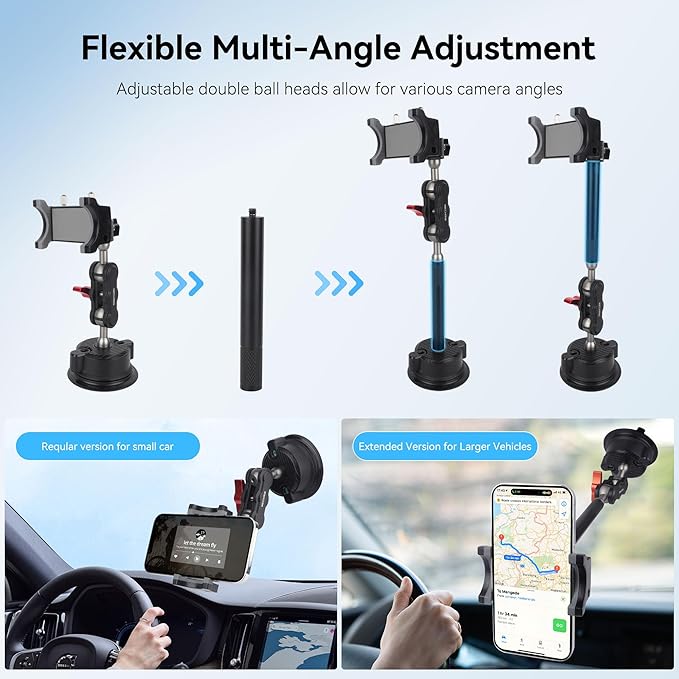 Suction Cup Car Phone Mount, 360°Rotating Car Phone Holder Video Recording, Universal Ball Head Arm for Cellphone Car Holder, Heavy Duty Car Phone Mount for Dashboard, Windshield-SJ003 (Extended)