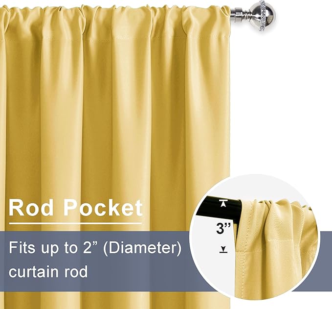 JIUZHEN Blackout Curtains for Bedroom - 60 Inch Extra Wide Thermal Insulated Room Darkening Privacy Soundproof Curtains for Living Room/Dorm Room, Set of 2 Panels, 60 x 72 inches,Light Yellow