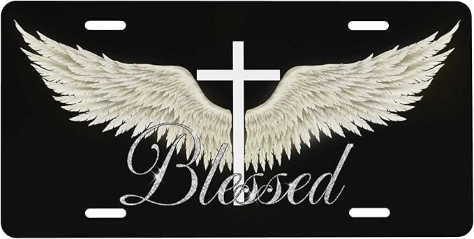 Front License Plate Wing Cross Blessed Vanity Plates Aluminum Metal Decorative Car Tag Novelty License Plate Cover for Men Women 6 * 12 in (4 Holes)