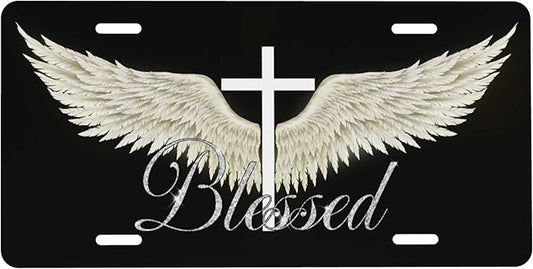 Front License Plate Wing Cross Blessed Vanity Plates Aluminum Metal Decorative Car Tag Novelty License Plate Cover for Men Women 6 * 12 in (4 Holes)