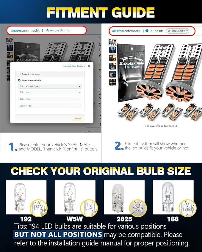 10Pcs 194 T10 168 W5W 2825 LED Bulb, Super Bright LED Car Interior Dome Map Camper RV License Plate Light Bulbs, Upgraded 25-SMD 3014 Chipsets 12V 400LM Amber Yellow