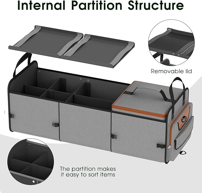 Trunk Organizer, Heavy-Duty Storage for Car & SUV, Foldable Waterproof Car Organizer with Cooler, Collapsible Multi-Compartment Storage, 95L, Grey-M003