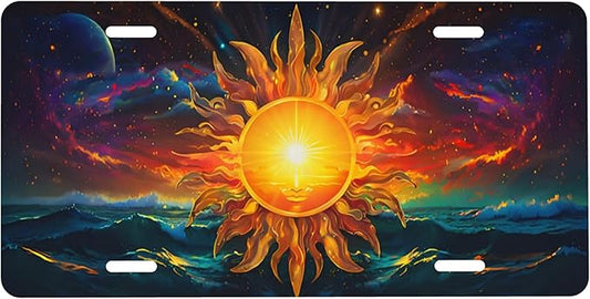 Front License Plate Sun Mystic Vanity Plates Aluminum Metal Decorative Car Tag Wave Novelty License Plate Cover for Men Women 6 * 12 in (4 Holes)