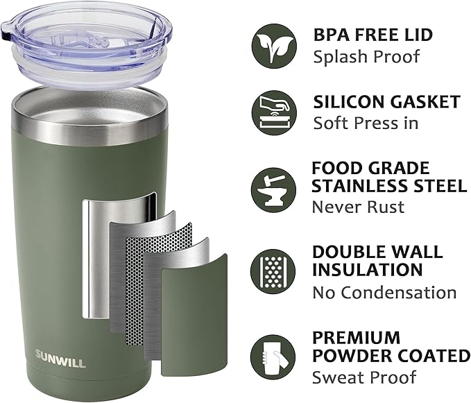 SUNWILL Travel Coffee Tumbler 20 oz, Insulated Mug with Lid, Stainless Steel Iced Cup for Outdoor, Powder Coated Camp Green