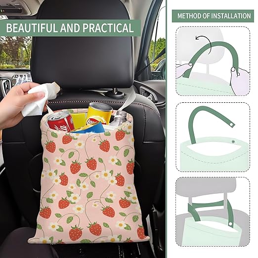 Cute Car Trash Can, Hanging Canvas Car Back Seat Organizer and Storage Bag, Funny Car Trash Bag For Travelling, Outdoor Cute Strawberry Leaf