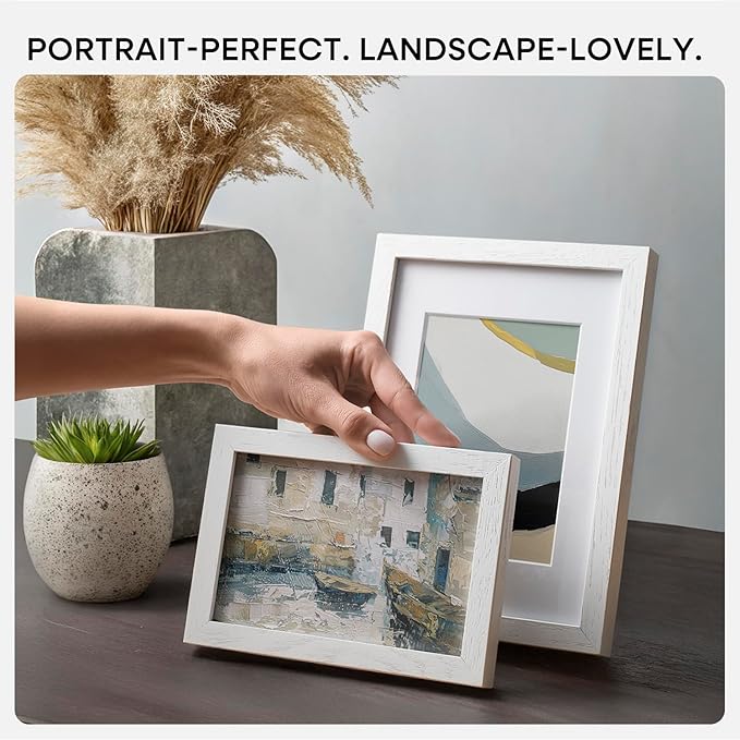 Homeforia 8.5 by 11 Picture Frame White, High End Oak 8.5 x 11 Wood Frames with Mat 6 x 8 inch Photo, 8.5by11 Wooden Frame Matted to 6x8 Art, Wall or Tabletop Frame, Tempered Glass, Wall Kit, Set of 1