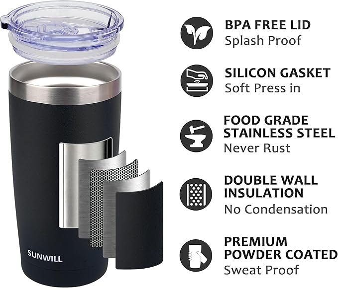 SUNWILL Travel Coffee Tumbler 20 oz, Insulated Mug with Lid, Stainless Steel Cup for Outdoor, Powder Coated Black
