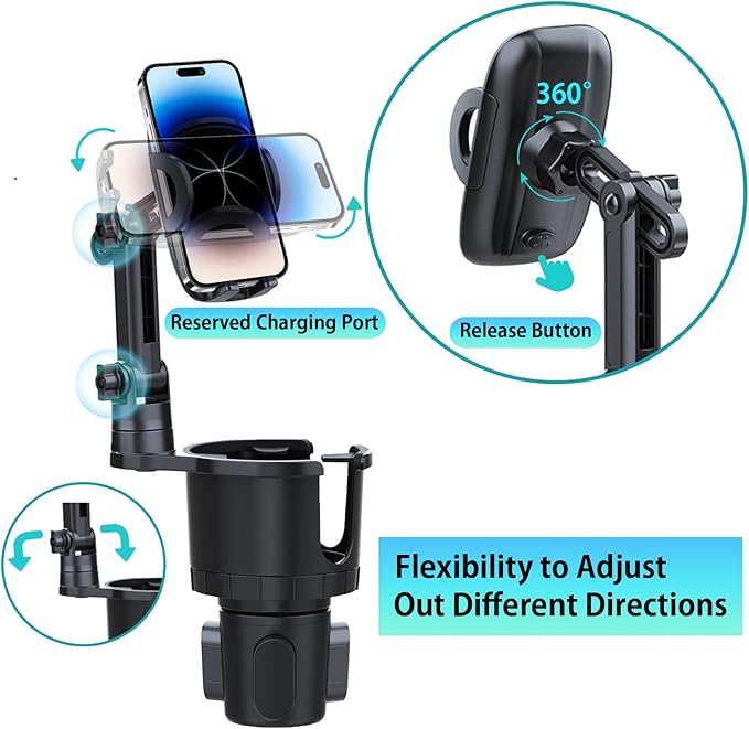 Cup Holder Phone Mount for Car, Upgraded 2 in 1 Car Cup Holder Expander Long Arm with 360° Rotation, Car Phone Holder Compatible with iPhone, Samsung & All Smartphones