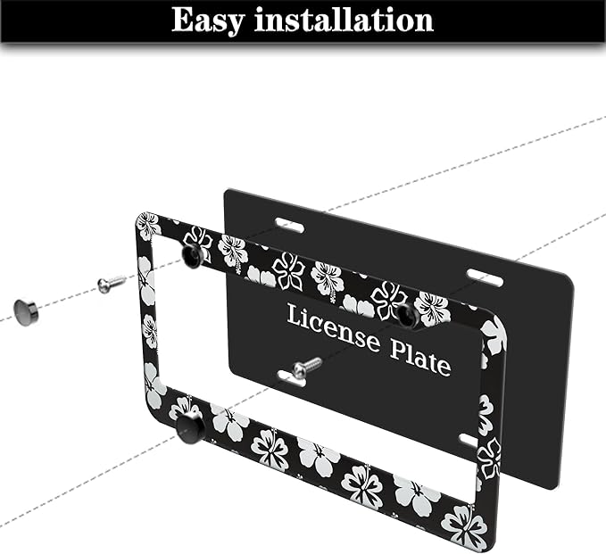 Automotive Exterior Accessories Black and White License Plate Frames Beautiful Hibiscus Flowers Universal Aluminum Car Accessory 2 Pack with Screw Covers Set