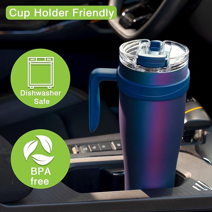 Zukro 50 oz Tumbler With Handle And Straw, Leak-proof Flip Straw Lid, Insulated Stainless Steel Water Bottle for Hot & Cold Drinks, Large Travel Mug Fit in Cup Holder, Dishwasher Safe, Aurora