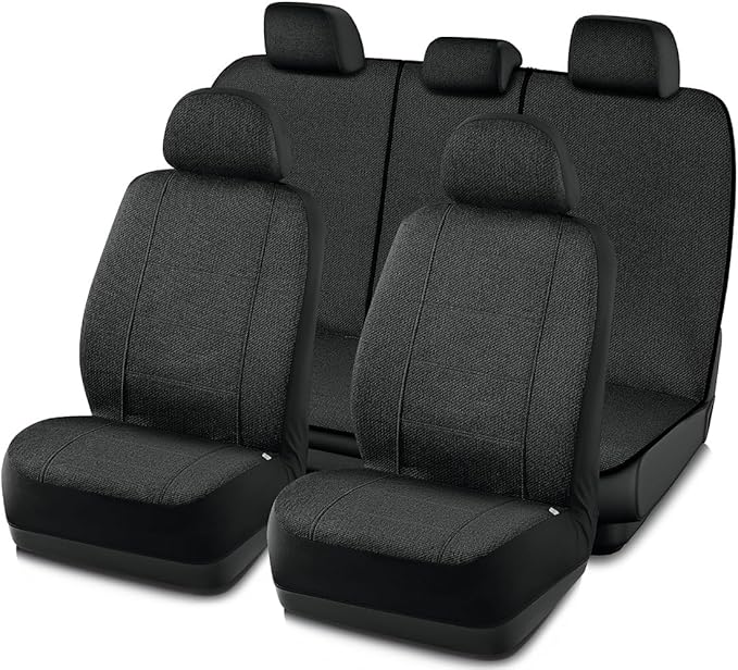 Road Comforts Car Seat Covers Full Set, Front and Split Rear Bench Seat Cover for Car, Universal Cloth Seat Protectors for SUV, Sedan, Van, Automotive Interior Covers Set, Airbag Compatible, Black