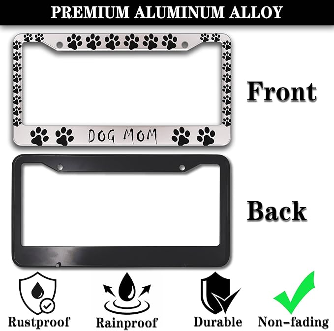 Fun License Plate Frame Cover Black and White License Plate Frames Dog Mom Dog Lover Aluminum Metal Car Accessory 2 Pack with Screw Covers Set