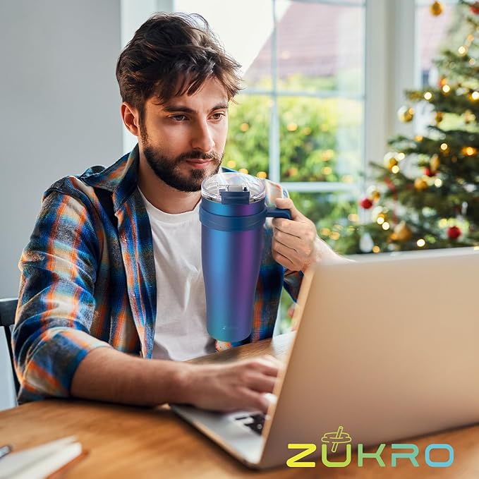 Zukro 50 oz Tumbler With Handle And Straw, Leak-proof Flip Straw Lid, Insulated Stainless Steel Water Bottle for Hot & Cold Drinks, Large Travel Mug Fit in Cup Holder, Dishwasher Safe, Aurora