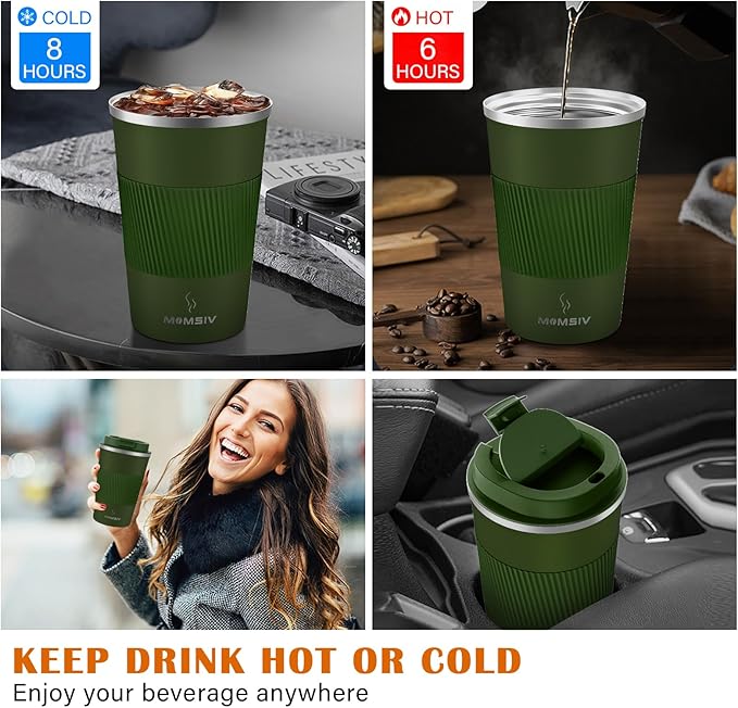 MOMSIV 12oz Travel Mug, Insulated Coffee Cup with Leakproof Lid, Vacuum Stainless Steel Double Walled Reusable Tumbler for Hot and Cold Water Coffee and Tea In Travel and Car Armygreen 380ML
