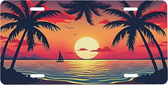 Front License Plate Sunset Palm Trees Vanity Plates Aluminum Metal Decorative Car Tag Flowers Rainbow Beach Novelty License Plate Cover for Men Women 6 * 12 in (4 Holes)