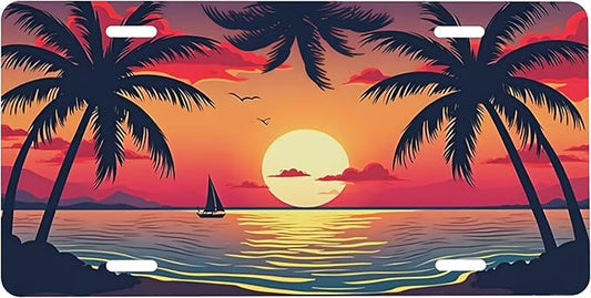 Front License Plate Sunset Palm Trees Vanity Plates Aluminum Metal Decorative Car Tag Flowers Rainbow Beach Novelty License Plate Cover for Men Women 6 * 12 in (4 Holes)