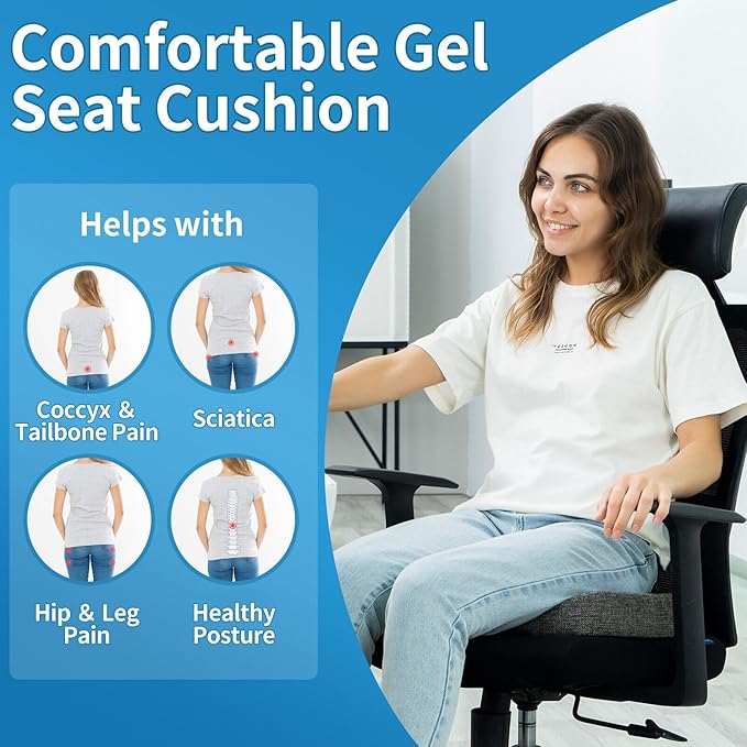 Seat Cushion for Long Sitting, Cooling Gel Memory Foam Seat Cushion - Back, Sciatica, Coccyx, Tailbone Pain Relief - for Office Chairs, Car Seat, Wheelchair Sitting Cushion (Black)