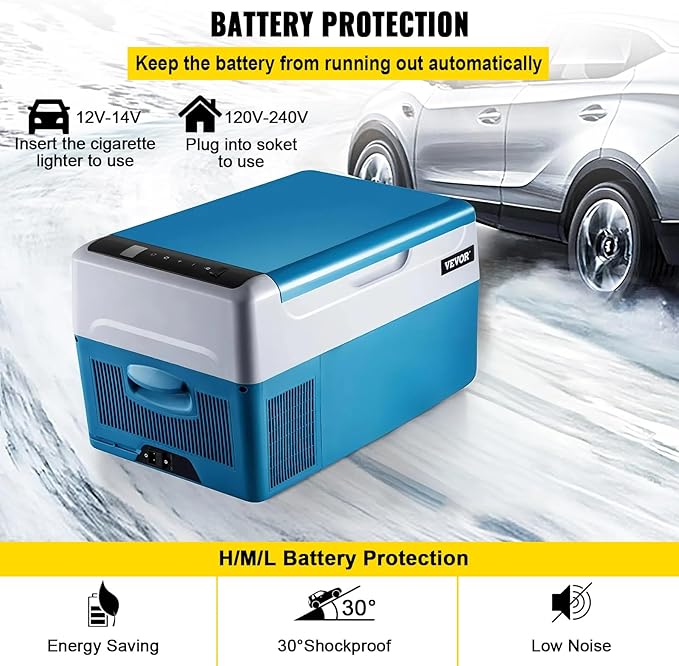 VEVOR Portable 23 Quart(22 Liter) 12 Volt App Control(-4℉~68℉), Car Refrigerator Electric Compressor Cooler with 12/24v DC & 110-240v AC for Camping, Travel, Fishing, Outdoor, White+Blue