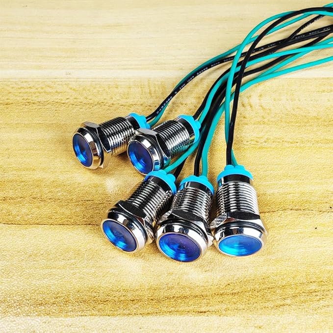 10mm 3V-4.5V-5V-6V-7.5V-9VDC Waterproof Signal Indicator Lamp with Wire, Energy Saving LED Metal Indicator Light(5pcs x Blue)
