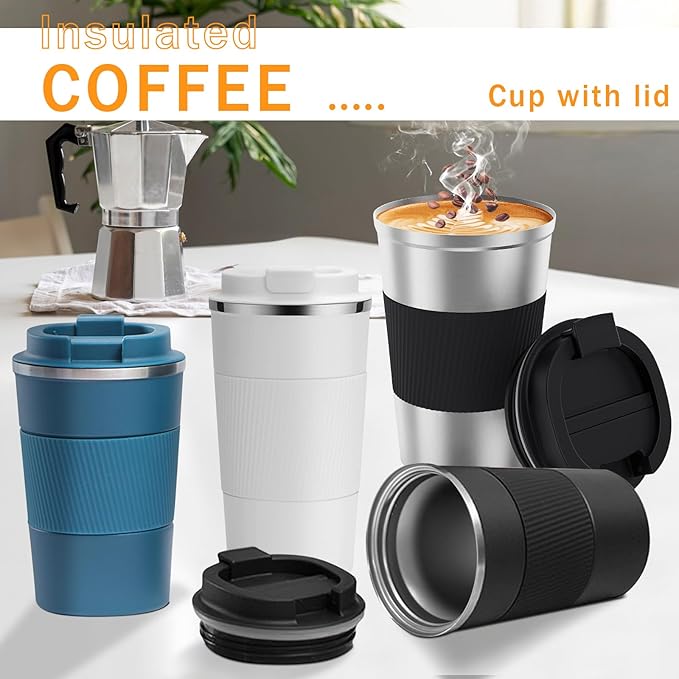 YINBAOGE Insulated Travel Coffee Mug, Spill & Leak Proof, Portable To Go Camping Stainless Steel Coffee Tumbler, Reusable Thermal Coffee Cup with Lid for Hot & Cold Drinks (Silver black, 17 OZ)