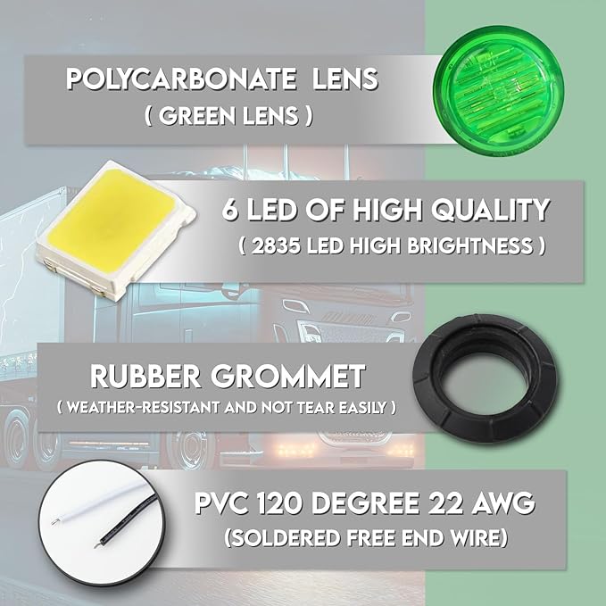 10 Pcs of 1-1/4 Inch Green Lights with 6 LEDs Mount Clearance Side Marker Lamp Bullet Marker Trailer Lights Universal 12V DC Vehicles RV Truck Pickup Van Boat Mack