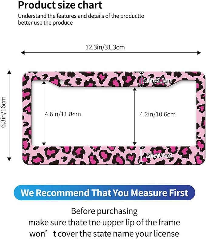MIOAOSRT Pink and Black Leopard License Plate Frame Leopard License Plate Cover Car Tag Holder Metal License Plate Frame Fits Standard U.S.Vehicles 12x6 Inch