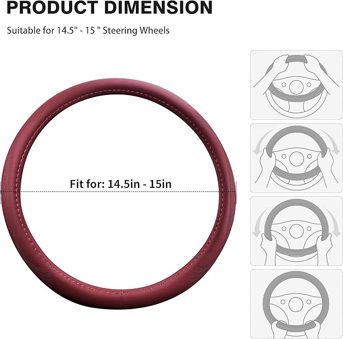 【2025 Model】 Premium Nappa Leather Car Steering Wheel Cover for Men Women, Non-Slip, Breathable, Universal 15 inches Steering Wheels, Red