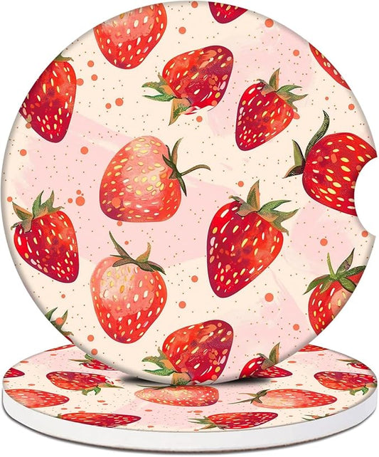 Cute Strawberry Car Coasters for Cup Holders, Absorbent Ceramic Car Coaster Car Cup Holder Coaster Car Accessories for Women Men (2 Pack)