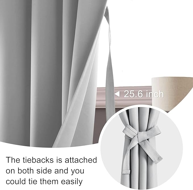 JIUZHEN Blackout Curtains for Bedroom - 60 Inch Extra Wide Thermal Insulated Room Darkening Privacy Soundproof Curtains for Living Room, Set of 2 Panels with Tiebacks, 60 x 63 inches, Silver Grey