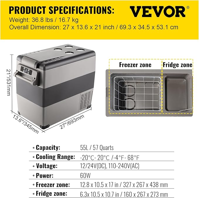 VEVOR CF55 12 Volt 58 Qt Refrigerator, Dual Zone Portable Compressor 12/24V DC and 110-240V AC, Freezer Fridge Cooler, for Car, Truck RV, Camping and Home Use, Black+Gray