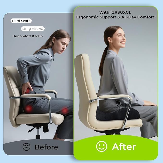 Memory Foam Seat Cushion for Office Chairs & Car Seat - Ergonomic Office Desk Accessories for Tailbone Pain Relief, Sciatica & Back Support