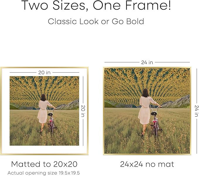 Homeforia 24x24 Gold Square Frame, High End Metal 24 x 24 Large Gold Poster Frames with Mat 20 by 20 for Photo, 24by24 Thin Picture Frame Matted to 20x20 inch Print, Tempered Glass, Wall Kit, Set of 2