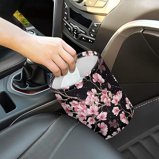 Cute Cherry Blossom Car Trash Can Reusable Foldable Hanging Portable Dustbin Bin for Back Seat, Front Console, Floor, or Hanging Headrest Waste Basket