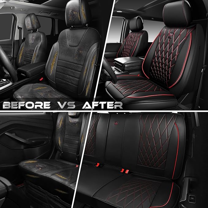 CAR PASS Nappa Leather Car Seat Covers Full Set, Luxury Seat Protector for Cars, Waterproof Anti-Slip Seat Cushion Airbag Compatible Fit for Most Cars Vehicles SUV Trucks, Airbag Compatible, Black Red