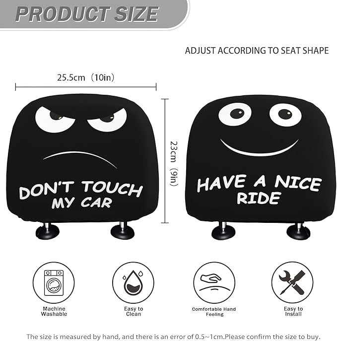 Funny Car Headrest Covers 2 Pack – Double-Sided with Smile “Have A Nice Ride” & Angry “Don’t Touch My Car” Faces – Universal Fit Seat Headrest Protector for Cars, SUVs, Trucks