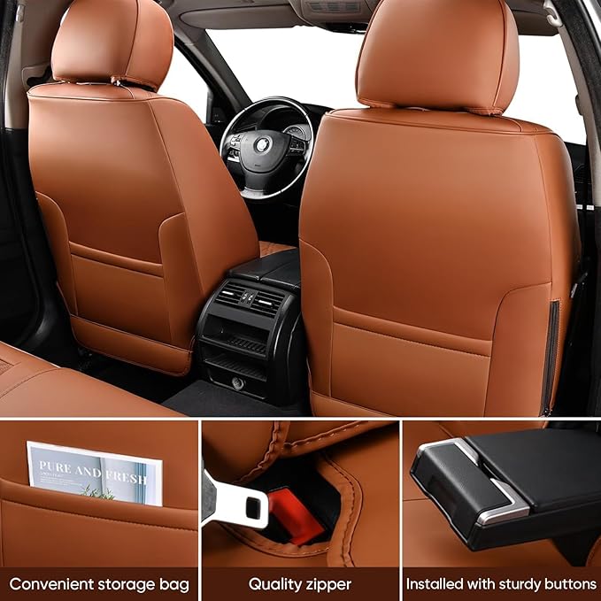 Auto Car Seat Covers Accessories Full Set Leather Cushion Protector Breathable Waterproof Seat Cover for Cars Universal Fit (Brown, Front Pair and Rear)