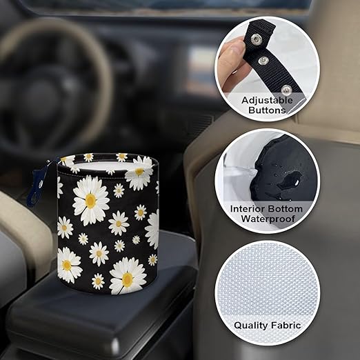 Cute Daisy Print Portable Car Garbage Bin Reusable Collapsible Hanging Portable Dustbin Bin Waste Basket Car Accessories Interior for Car SUV Trucks Universal