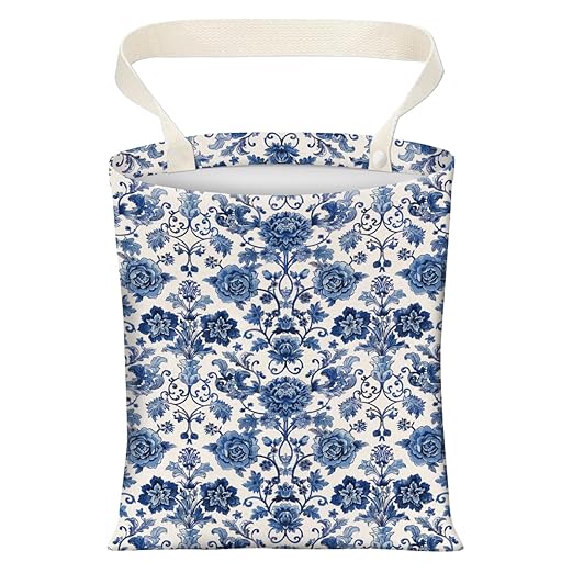 Cute Car Trash Can, Hanging Canvas Car Back Seat Organizer and Storage Bag, Funny Car Trash Bag For Travelling, Outdoor Cute Blue Flower