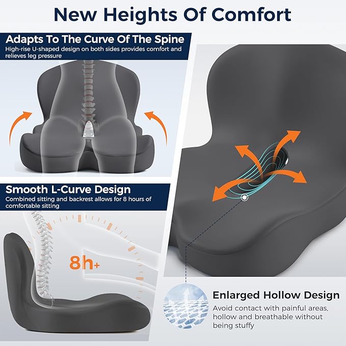 Seat Cushion, Office Chair Cushions for Lower Back Tailbone Protect, Seat Cushions for Office Chair with L-Shaped Ergonomic Design, Memory Foam Chair Cushion for Long Sitting Office Worker(Dark Gray)