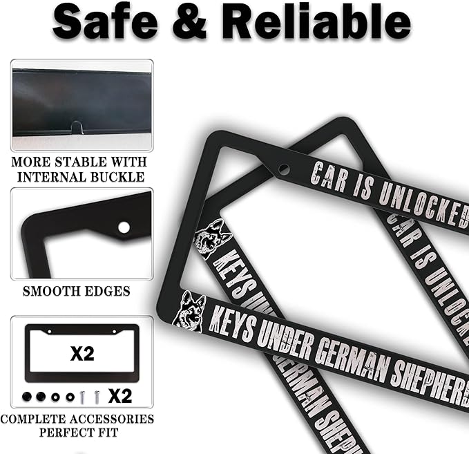 Front License Plate Bracket Black and White License Plate Frames Car is Unlocked Keys Under German Shepherd Universal Aluminum Car Accessory 2 Pack with Screw Covers Set