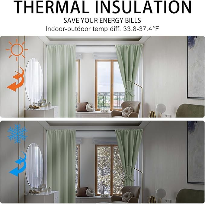 JIUZHEN Blackout Curtains for Bedroom - 60 Inch Extra Wide Thermal Insulated Room Darkening Privacy Soundproof Curtains for Living Room, Set of 2 Panels with Tiebacks, 60 x 84 inches, Light Green