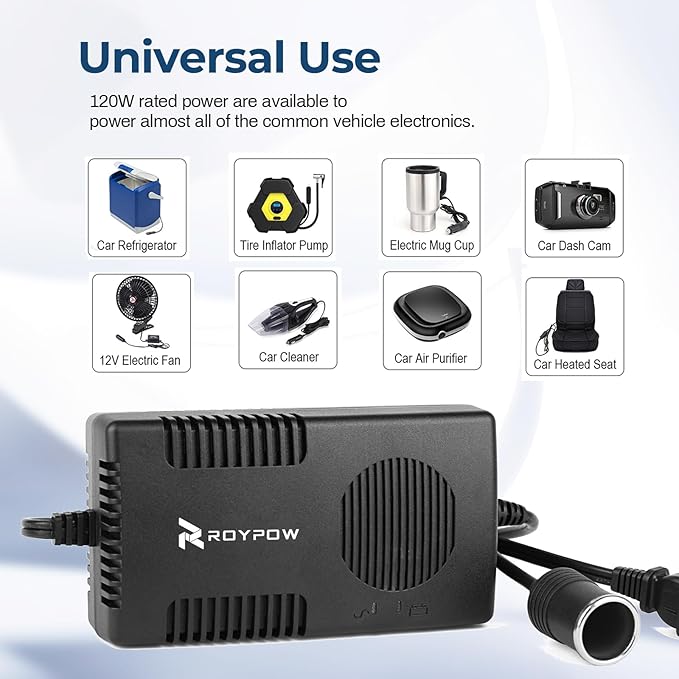 RoyPow AC to DC Converter, 120W (Max 150W) 120V/110V to 12V/10A Cigarette Lighter Socket AC/DC Adapter, 120V/110V to 12V Converter, Power Supply for Inflator, Car Refrigerator, Car Vacuum Cleaner