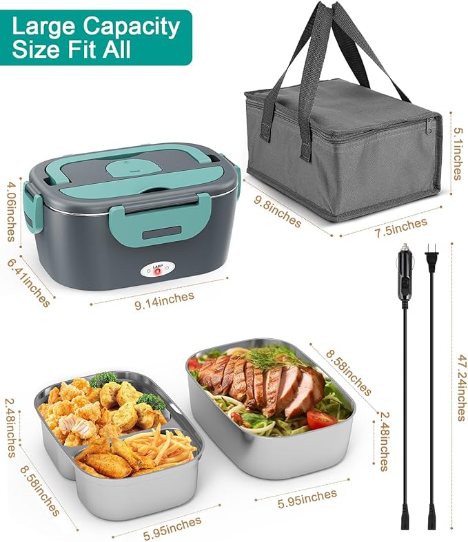 Electric Lunch Box for Men, Women & Adults - 80W Fast Heating - Heated Lunch Box with Dual 1.5L SS Containers - Portable Food Warmer for Car, Truck, Office